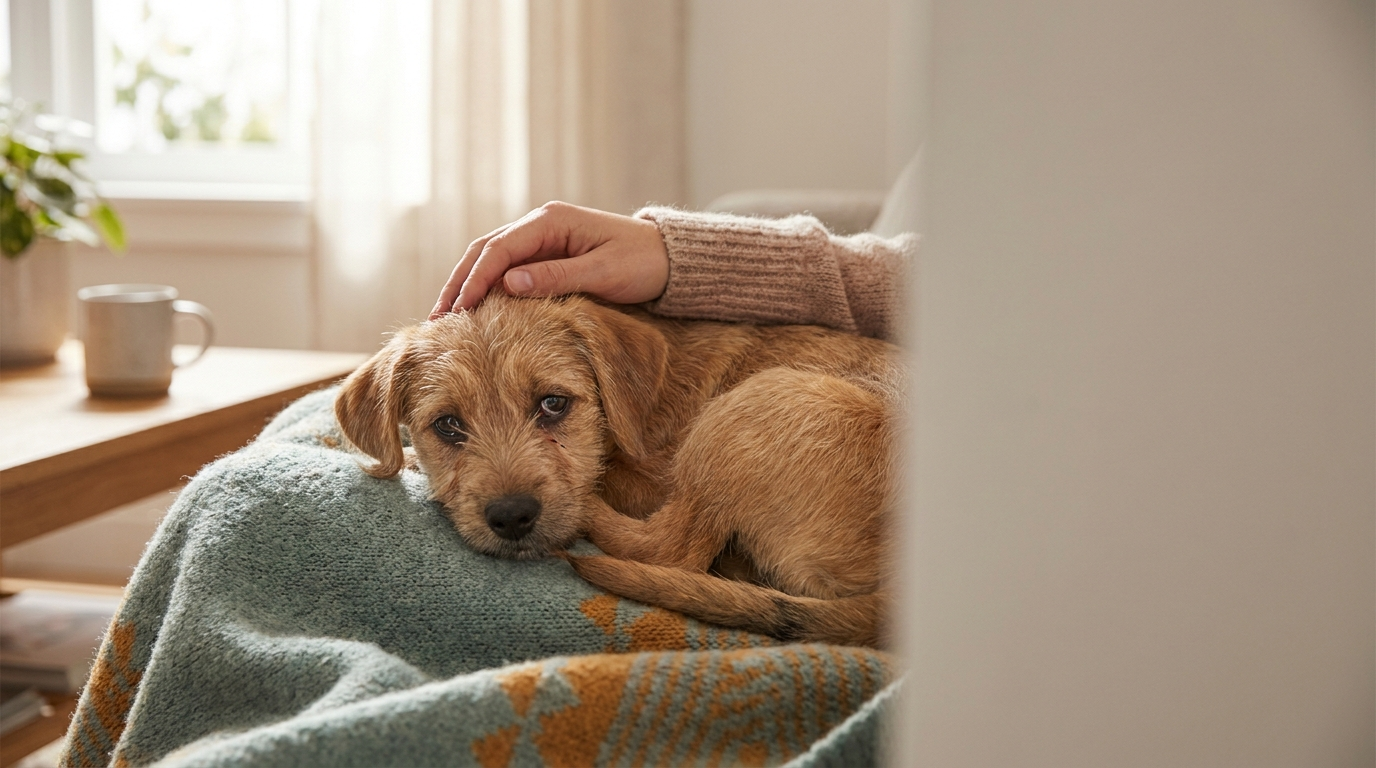 Junger, kranker Hund ruht zu Hause mit leicht tränenden Augen – Aufklärung über Staupe (Distemper)