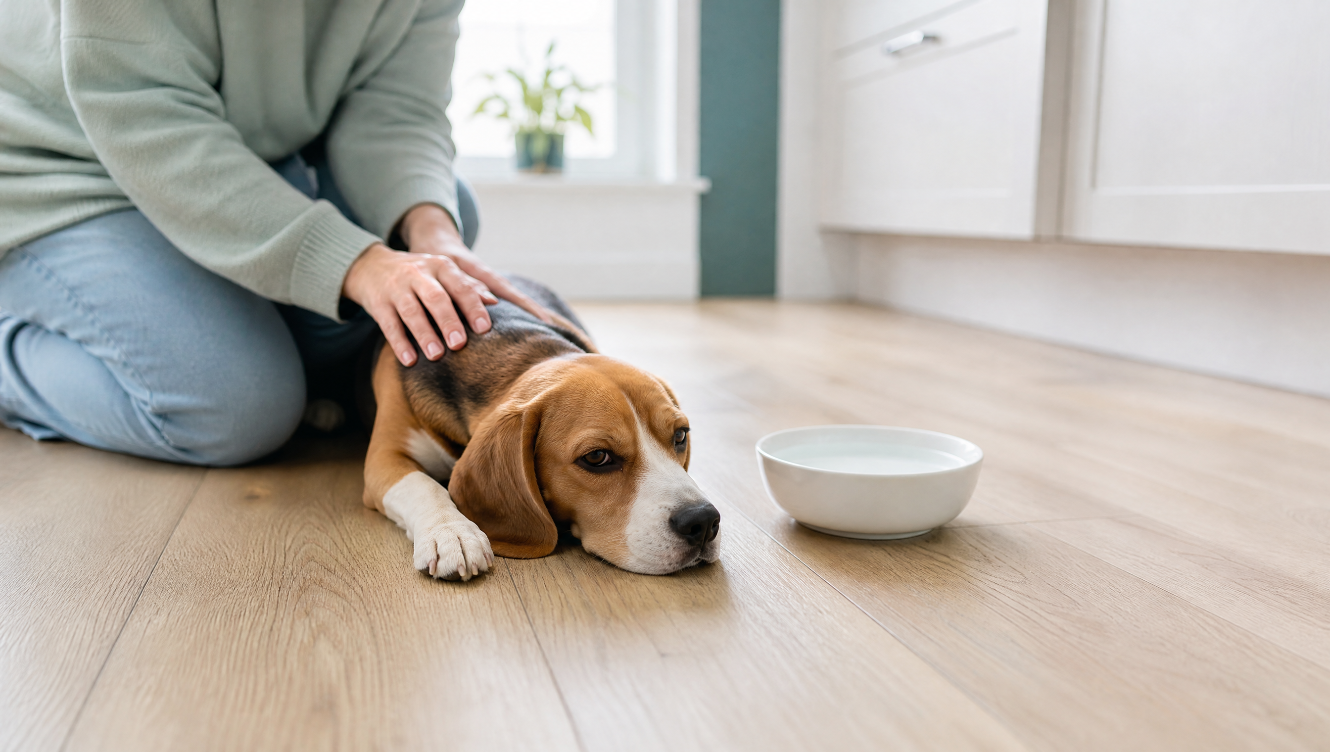 Halter streichelt einen matten Beagle, der neben dem Wassernapf auf dem Küchenboden liegt – Ursachen von Erbrechen beim Hund