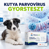 MancsLab CPV parvovírus antigén gyorsteszt kutyáknak – csomagolás és tesztkazetta