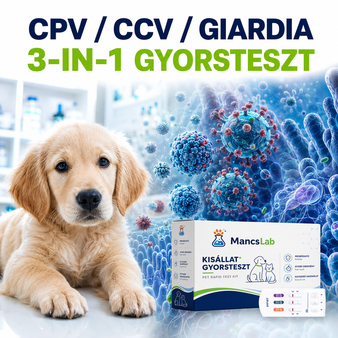 MancsLab CPV/CCV/Giardia 3 az 1-ben gyorsteszt kutyáknak – csomagolás és tesztkazetta