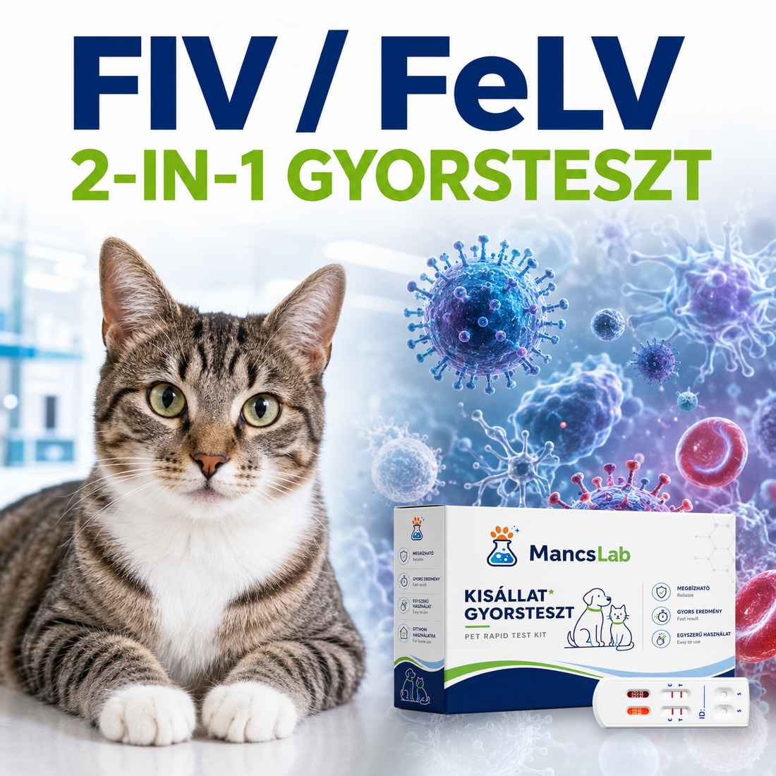 MancsLab FIV Ab/FeLV Ag kombinált gyorsteszt macskáknak – csomagolás és tesztkazetta