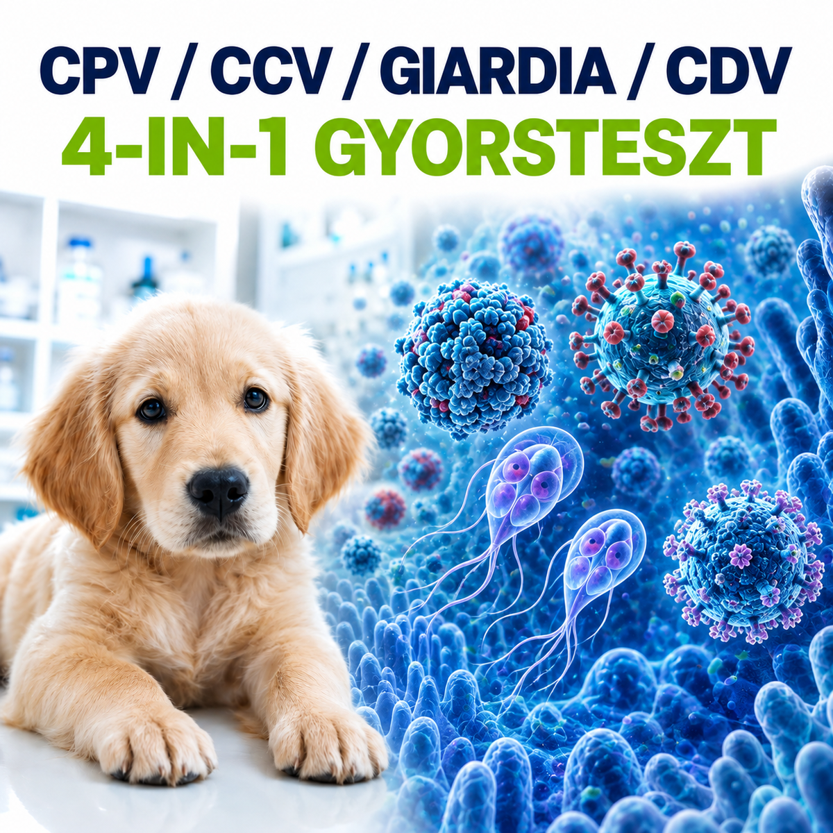 MancsLab CPV/CCV/Giardia/CDV 4 az 1-ben gyorsteszt kutyáknak – csomagolás és tesztkazetta