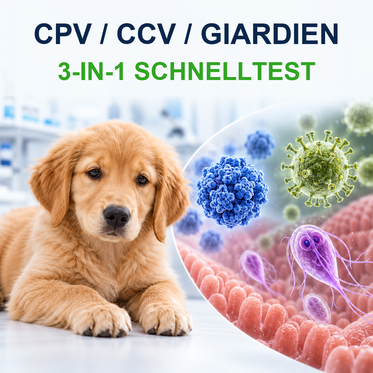 MancsLab CPV/CCV/Giardien 3-in-1 Schnelltest für Hunde – Illustration mit deutscher Beschriftung