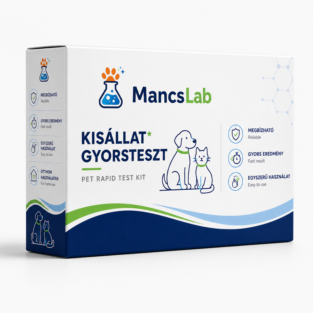 MancsLab kisállat gyorsteszt doboza – csomagolás kutya- és macskaillusztrációval