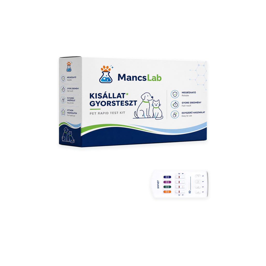MancsLab CPV/CCV/Giardia/CDV 4 az 1-ben gyorsteszt kutyáknak – doboz és 1 tesztkazetta, fehér háttéren
